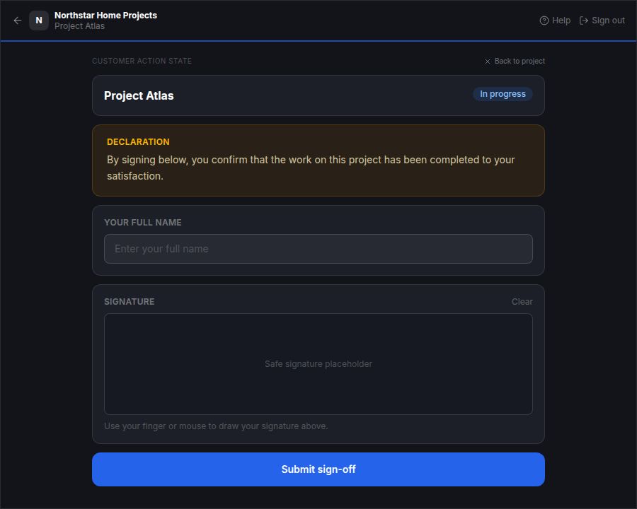 Connect customer sign-off with safe blank signature field