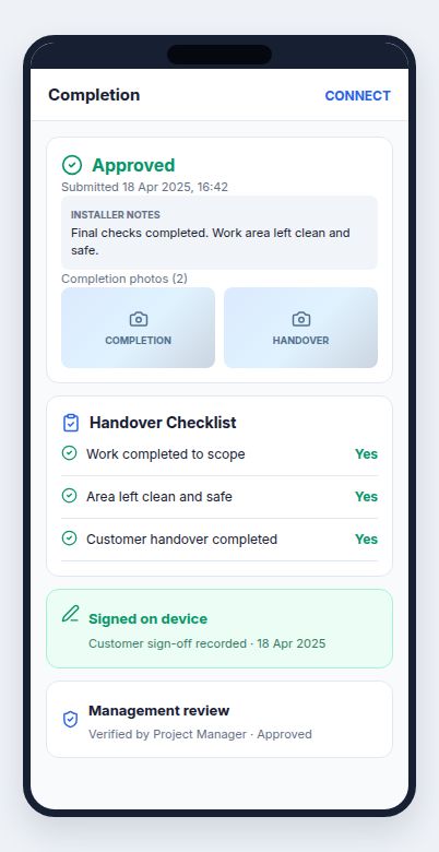 Connect installer completion using fictional demonstration data