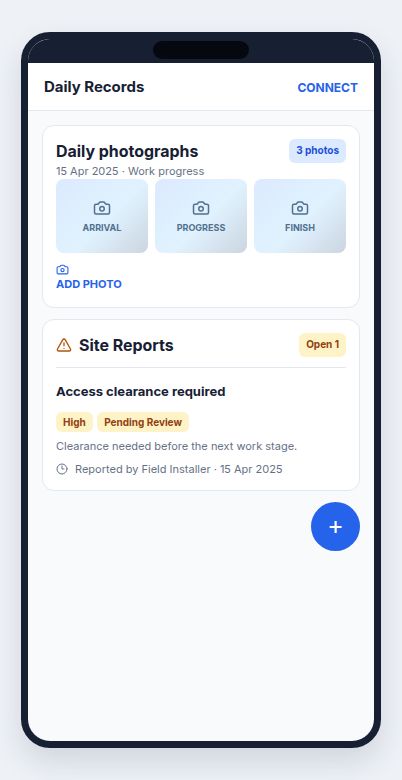 Connect daily photographs and site reports using safe placeholders