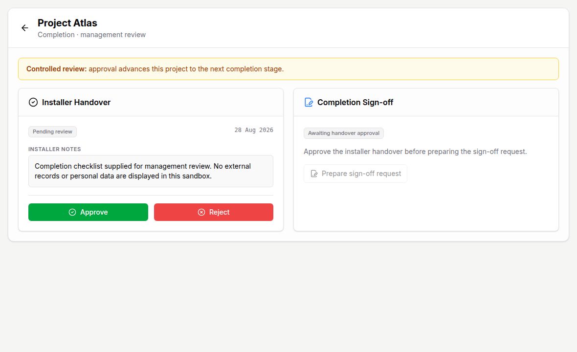 Connect management completion review using fictional demonstration data
